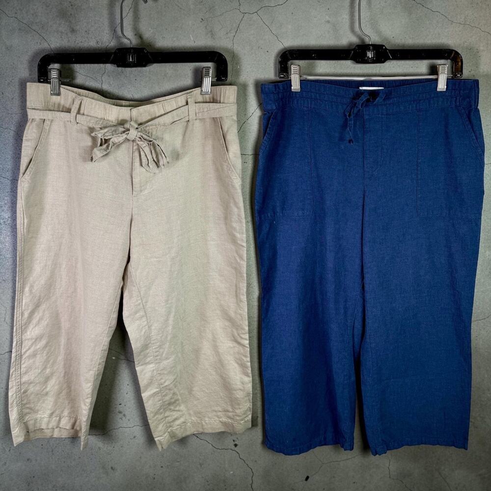 Liz Claiborne Set of 2 Women's Medium Linen Cotton Blend Capri Pants Blue Khaki